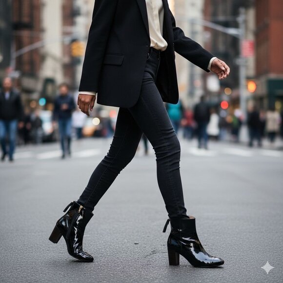 Stuart Weitzman Black Patent Leather Cap Toe Back Zip Heeled Boots Size 8M - Picture 4 of 9